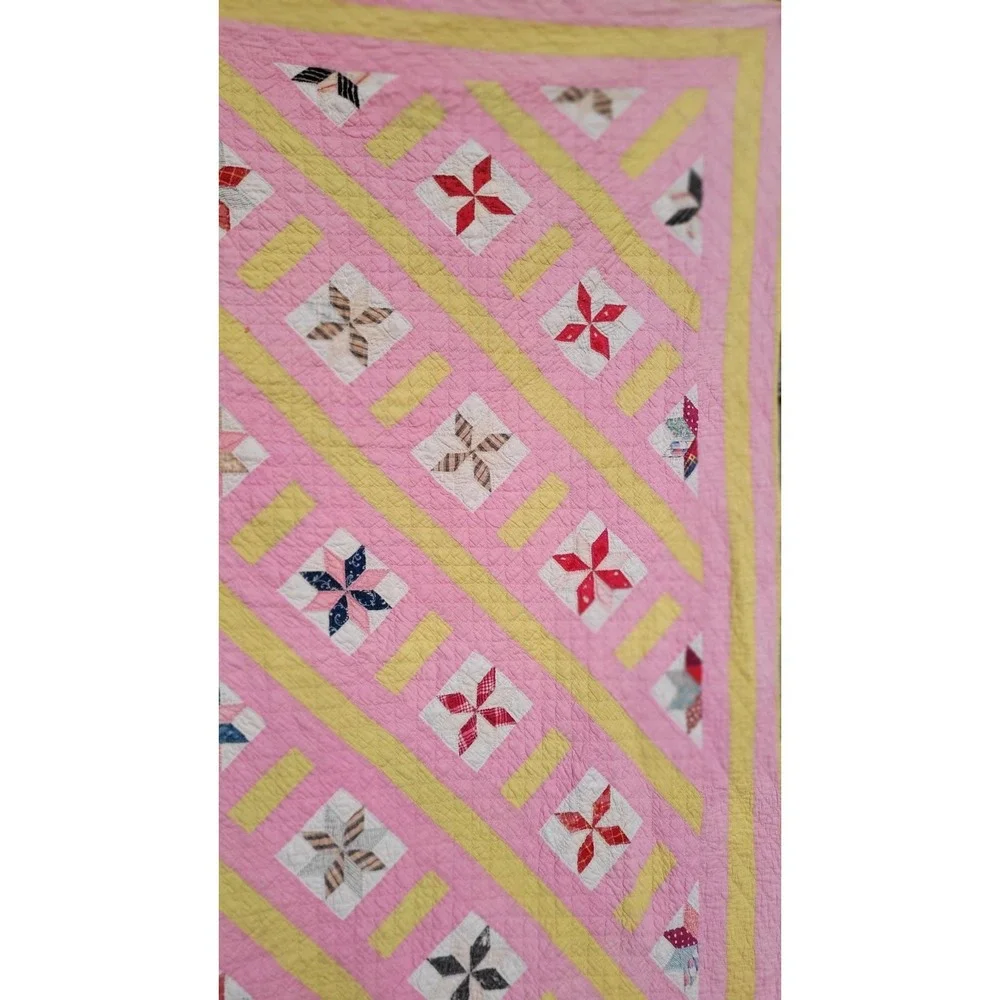 Vintage Friendship Star Quilt‎ Hand Quilted Pink Yellow Patchwork 64x75 Cottage